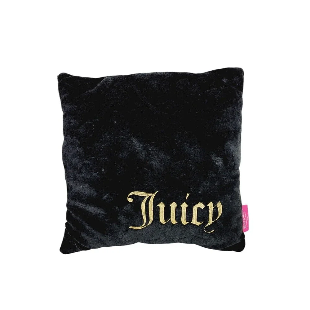 VTG Y2K Juicy Couture Black Velour Velvet Metallic Gold Embroidered Toss Pillow